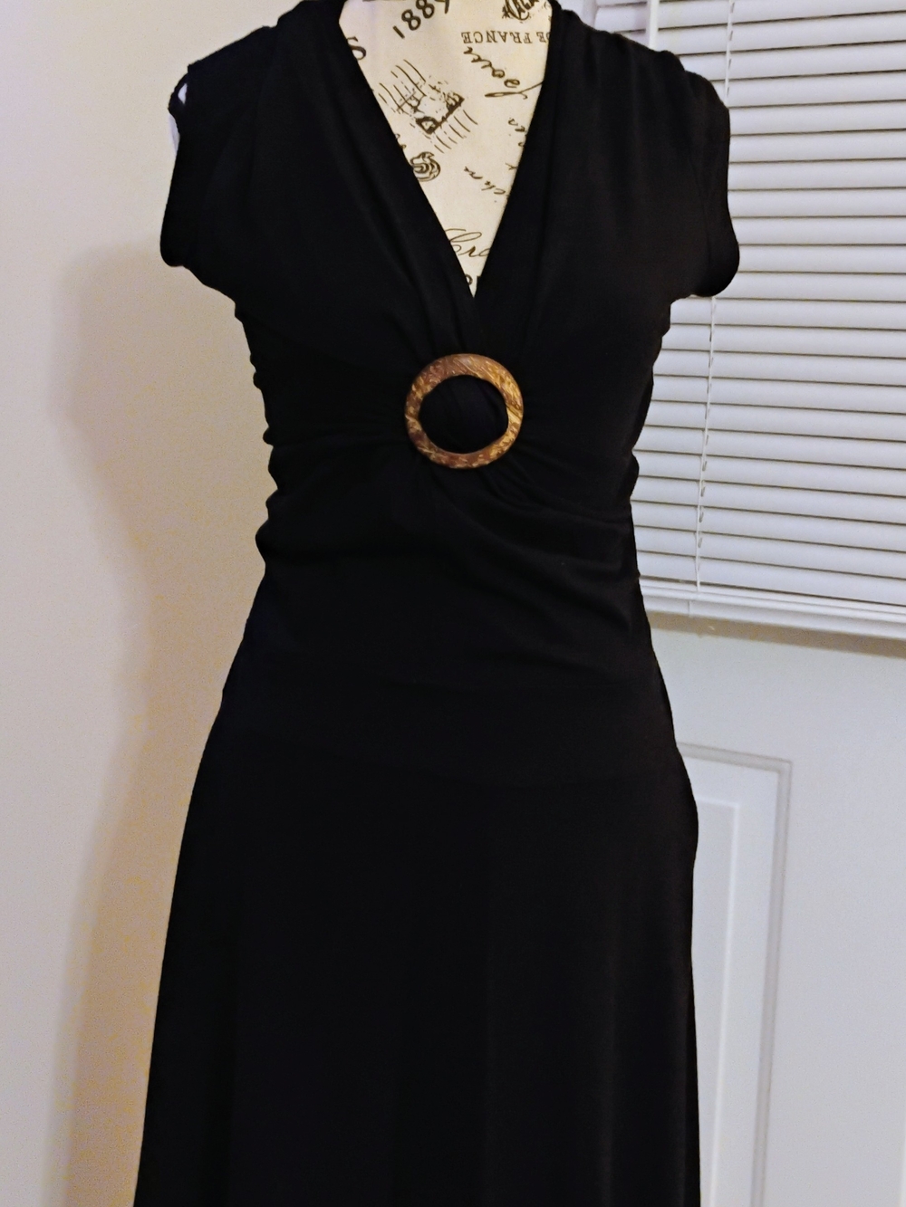 Classic Black Midi Dress with Gold Ring Detail